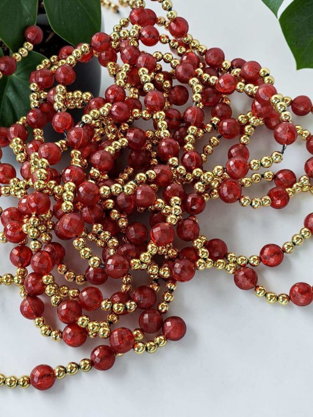 Bead Ball Christmas Garland Burgundy Garnet Red Gold Aprox 32 Ft Total